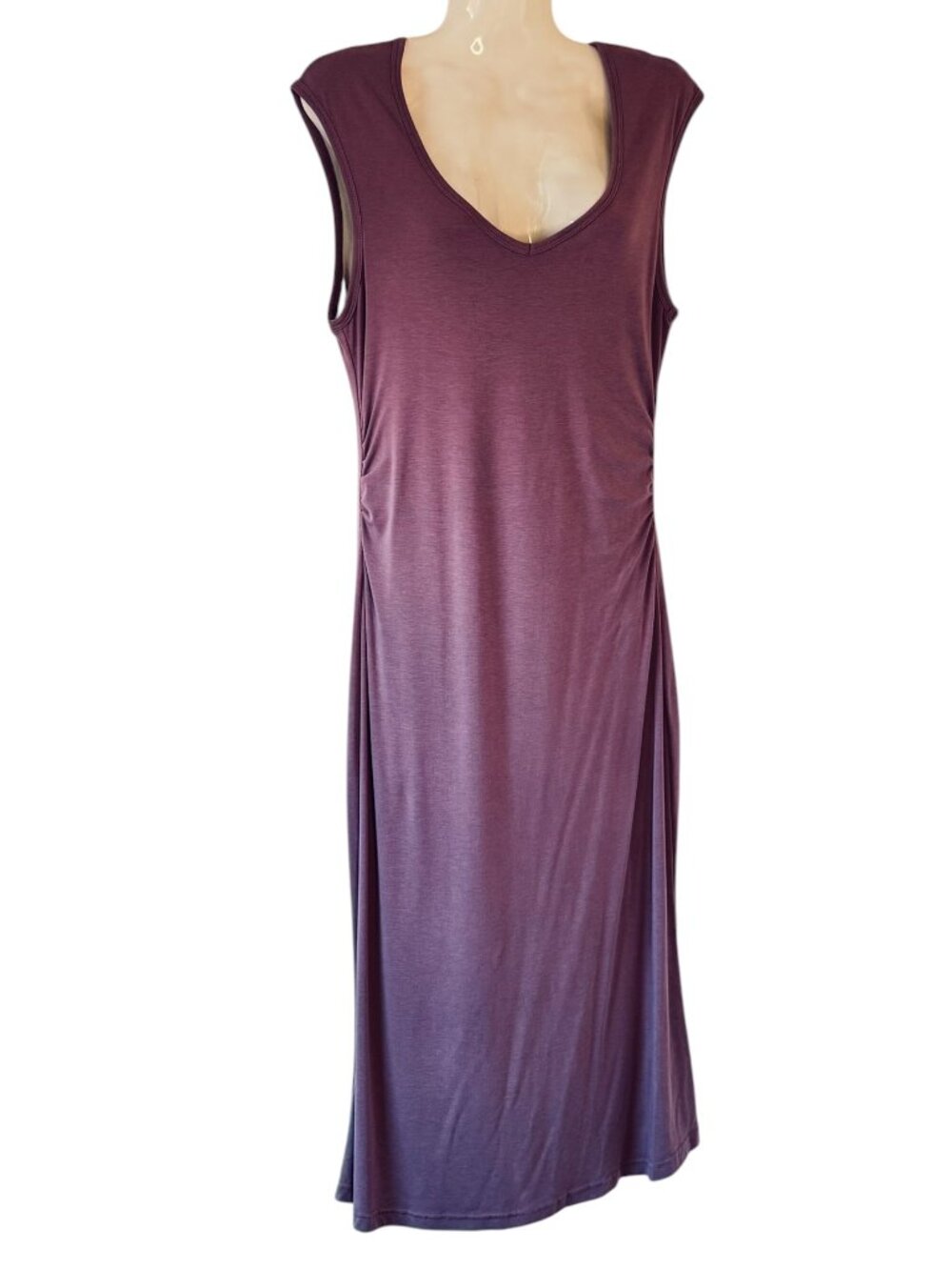 OGL Side Ruched Midi Dress Hot Fuchsia Stretch Scoop Neck Pencil Bodycon Medium